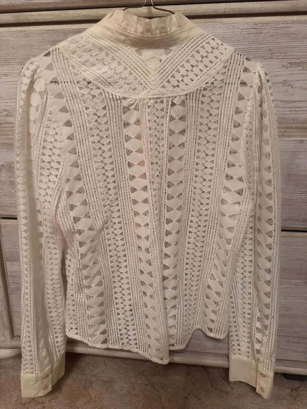 Anthropologie Cream Crochet Lace Ruffle-Neck Button Blouse